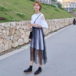 Set: Bell-sleeve T-shirt Dress + Mesh Mini Skirt