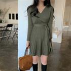 Long-sleeve V-neck Tie-waist Pleated Dress