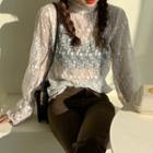 Mock-turtleneck Bell-sleeve Lace Top White - One Size