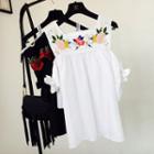 Short-sleeve Shoulder Cut Out Embroidered Top