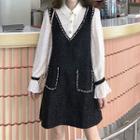 Long-sleeve Mock Two-piece Tweed A-line Dress