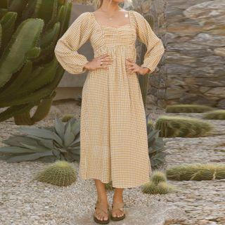 Long-sleeve Square-neck Gingham Check Midi A-line Dress