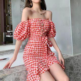 Elbow-sleeve Off-shoulder Floral Plaid A-line Mini Dress