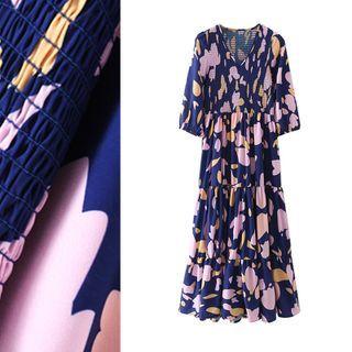 V-neck Print Puff Sleeve Dress