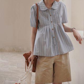 Short-sleeve Pintuck Striped Blouse