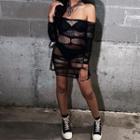 Off-shoulder Mesh Mini Bodycon Dress Black - One Size