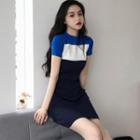 Short-sleeve Color Block Mini Bodycon Knit Dress As Shown In Figure - One Size