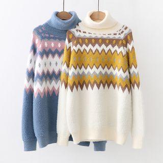 Faux Fur Turtleneck Patterned Sweater