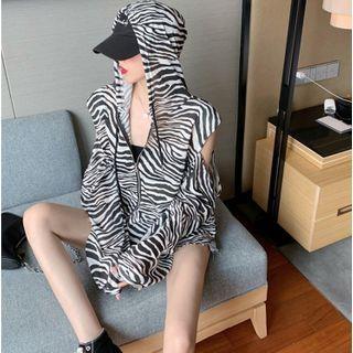 Padded Off-shoulder Zebra-print Hooded Light Jacket