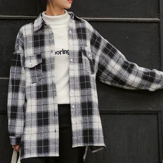 Loose-fit Plaid Shirt Jacket Black & White - One Size
