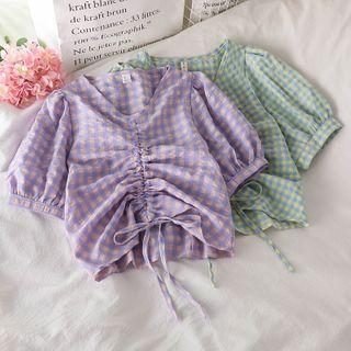 Check V-neck Drawstring Short-sleeve Top
