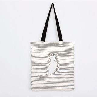Cat Print Striped Canvas Tote Bag White - One Size