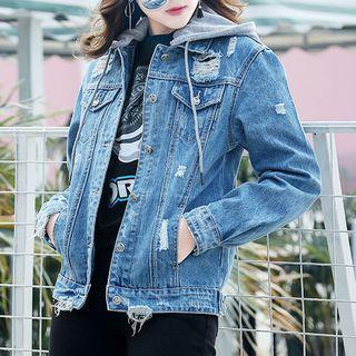 Detachable Hood Ripped Denim Jacket