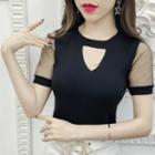 Short-sleeve Mesh Panel Open Front Knit Top