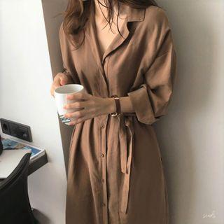 Long-sleeve Open-collar A-line Midi Shirtdress