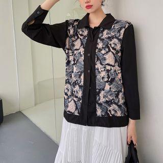 Long-sleeve Print Panel Shirt Black - One Size