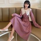Long Sleeve Contrast Bow Accent A-line Dress