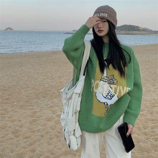 Crew Neck Cartoon Sweater Green - One Size