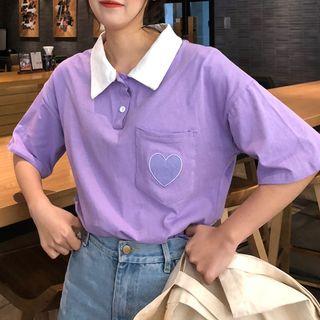 Short-sleeve Heart Applique Polo Shirt