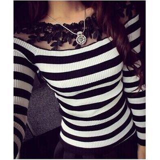 Lace Panel Striped Long-sleeve Knit Top