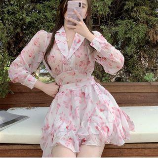 Long-sleeve See-through Print Blouse / High-waist Skirt