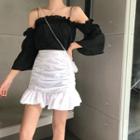 Ruffle 3/4-sleeve Top / Shirred Slim-fit Skirt
