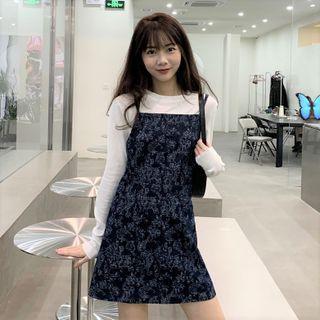 Long-sleeve T-shirt / Floral Print Denim Overall Dress