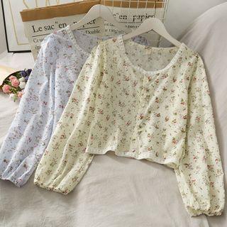 Crew-neck Floral Crop Blouse