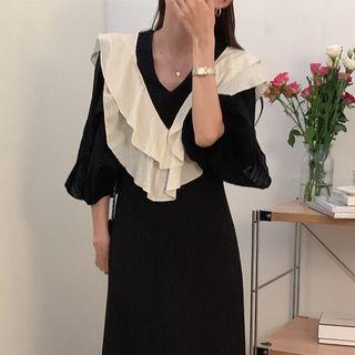 Puff-sleeve Ruffled Midi Dress Black - One Size