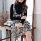 Set: Plain Turtleneck Long-sleeve T-shirt + Leopard Patterned Pinafore Dress