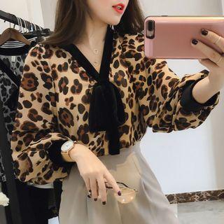 Print V-neck Bow Chiffon Blouse