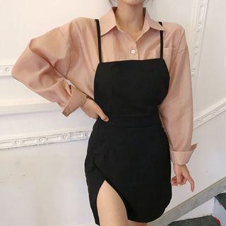 Cross Back Mini Pinafore Dress & Shirt Set Black - One Size