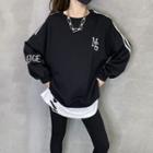 Mock Two-piece Letter Embroidered Pullover Black - One Size