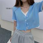 Short Sleeve Two Tone Mock Two Piece Cropped Cardigan