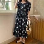 Short-sleeve Floral Print Midi Dress Floral Print - Black - One Size