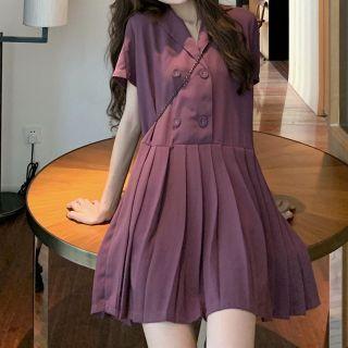 Short Sleeve Double Breast Pleated A-line Dress