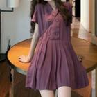 Short Sleeve Double Breast Pleated A-line Dress