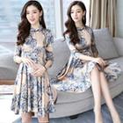 3/4-sleeve Printed Mandarin Collar Dress