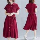 Plain Lapel Short-sleeve Dress Red - F