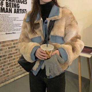 Faux Fur Button Coat Blue & Beige - One Size