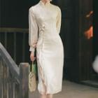 Long-sleeve Tasseled Ruffled Sheath Dress