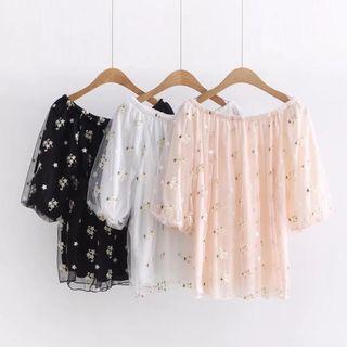 Embroidered Short-sleeve Off-shoulder Mesh Top