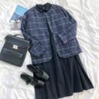 Long-sleeve Plaid Jacket / Long-sleeve Plain Midi Dress