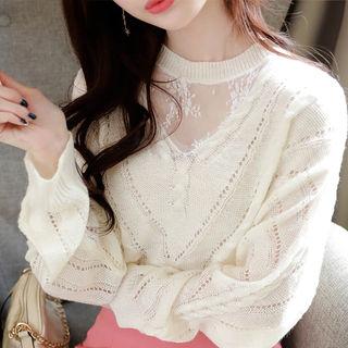Lace-detail Perforated Cable-knit Top