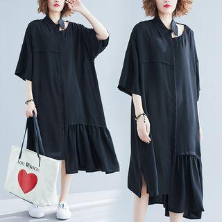 Elbow-sleeve Midi Shirt Dress Black - One Size