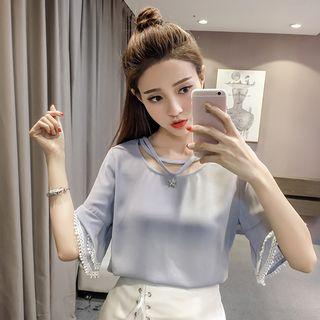 Star Pendant Crochet Trim Elbow Sleeve Top