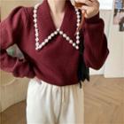 V-neck Faux-pearl Sweater Wine Red - One Size