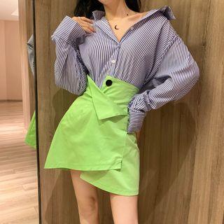 Striped Long-sleeve Loose-fit Shirt / High-waist Irregular Skirt