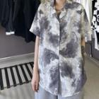 Couple Matching Elbow-sleeve Tie-dye Shirt Gray & White - One Size