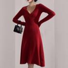 Long-sleeve V-neck Knit Midi A-line Dress Red - One Size